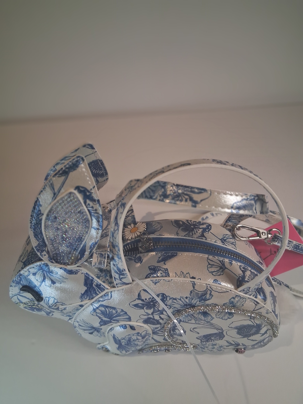 Betsey Johnson Hip-Hop Toile Bunny Handle Satchel Bag in Blue/White BJ38765A NWT
